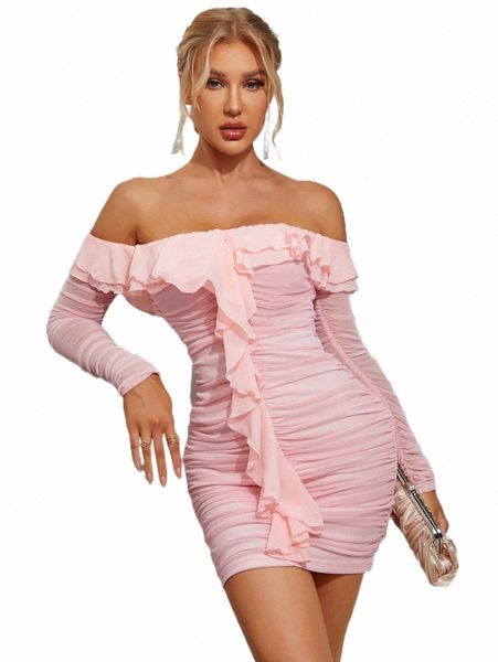 

parthea off shoulder ruffle trim ruched mesh bodycon dress y1lz#, Black;gray