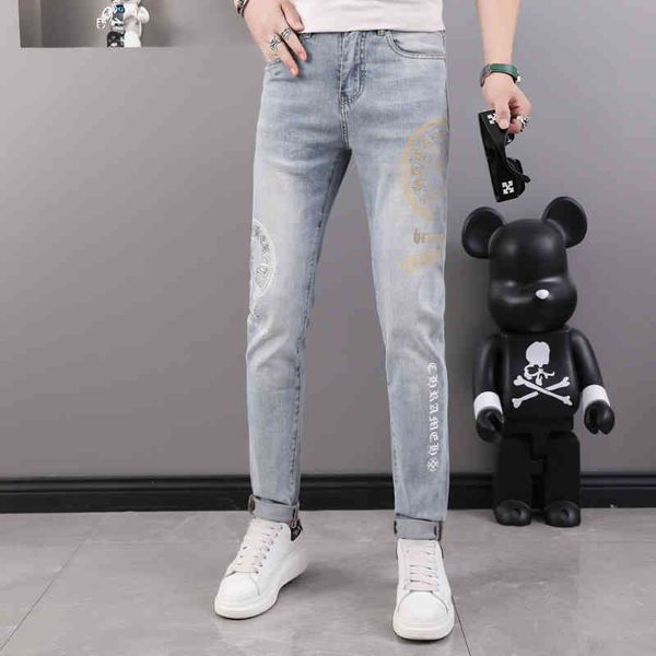 

men's jeans fashion brand diamond jeans men's summer thin light color slim fit small feet elastic high-end casual pants msyw, Blue