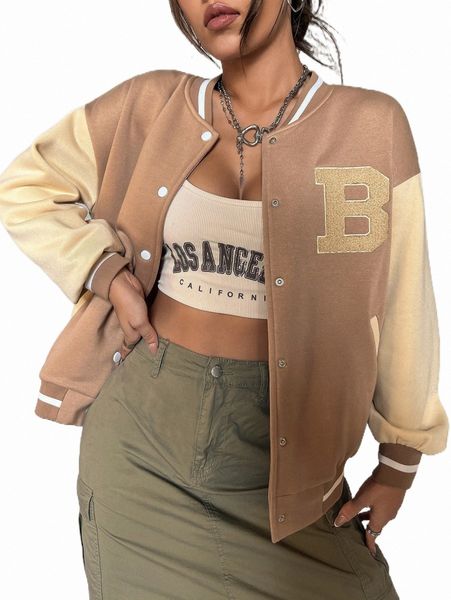 

letter graphic drop shoulder two tone bomber jacket o7fx#, Black;brown