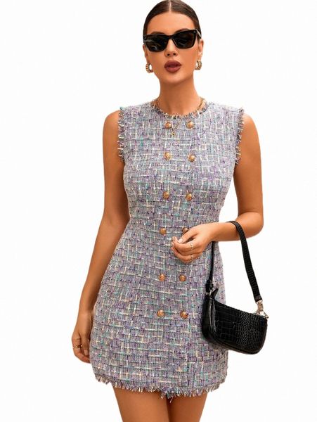 

double button raw hem tweed dress h4fr#, Black;gray