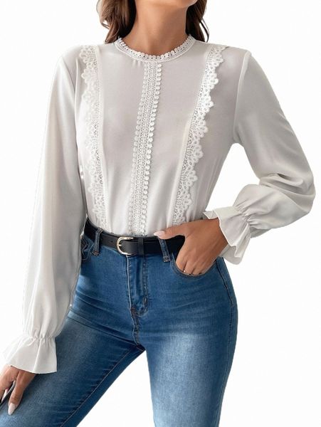 

guipure lace trim flounce sleeve blouse 33ru#, White