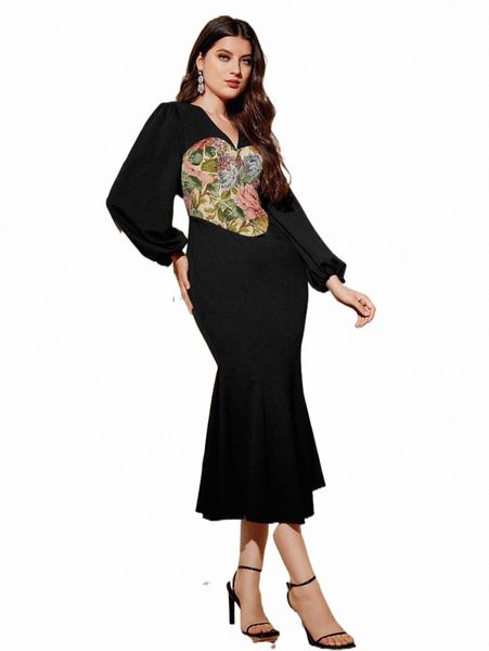 

floral print lantern sleeve mermaid hem dress f1lo#, Black;gray