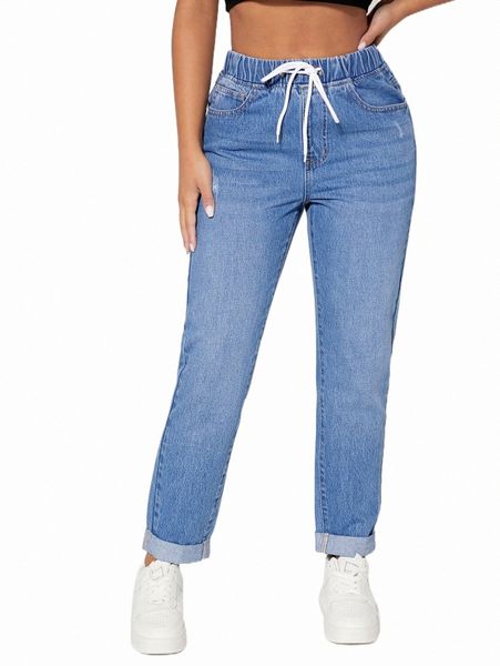 

petite drawstring waist mom fit jeans 97j1#, Blue