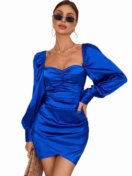 

sweetheart neck lantern sleeve tulip hem satin bodycon dress d4yh#, Black;gray