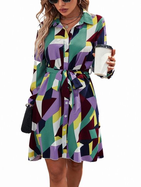 

geo print belted shirt dress z6lq#, Black;gray