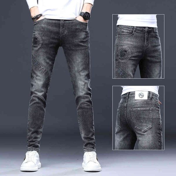 

men's jeans autumn and winter fashion jeans men's pants elastic slim fit leggings trend korean diamond pants grey qs7p, Blue