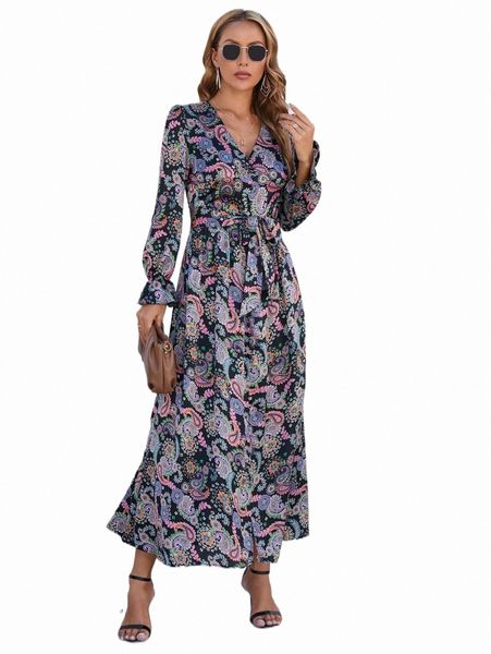

paisley print surplice neck belted dress u3sb#, Black;gray