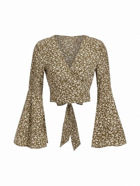 

mod ditsy floral tie front wrap blouse r4dh#, White