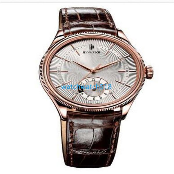 

gw factory mens watch automatic mechanical dual time 39mm rose gold 50525 dual time zone silver dial lether strap sapphire glass wristwatch, Slivery;brown