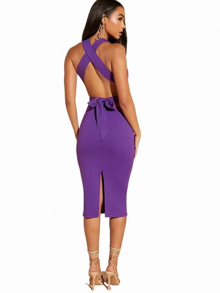 

bae solid criss cross tie backless split hem dress b2z9#, Black;gray