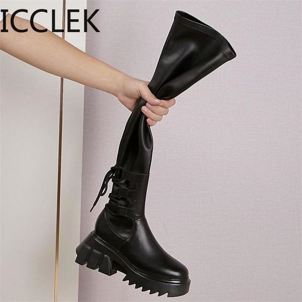 

leather thigh high boots women high heels over the knee boots for women round toe party long shoes cross-tied 220818, Black
