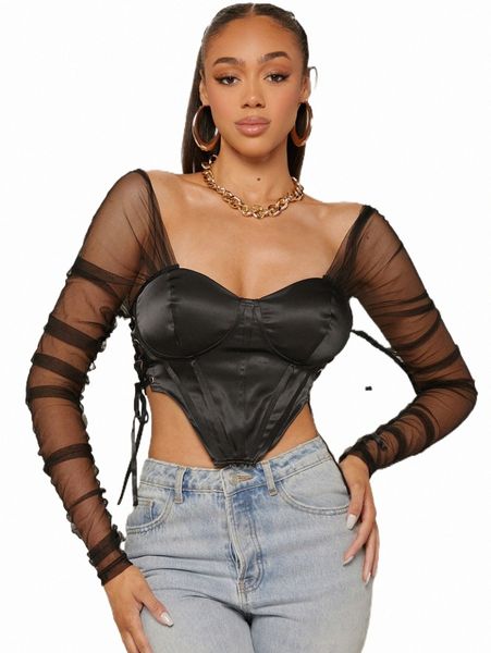 

off shoulder mesh sleeve lace up side satin 58l1#, White