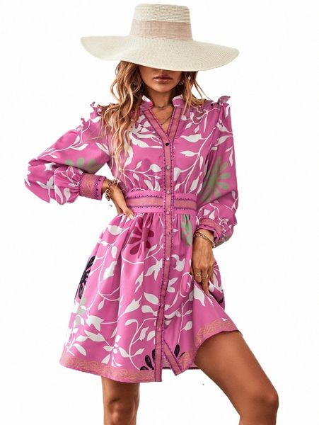 

leaf print bishop sleeve button up dress n9i6#, Black;gray