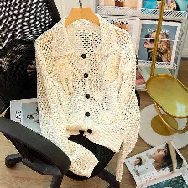 

women's sweaters spring and autumn lapel long sleeve cardigan three-dimensional doll flower hand hook cartoon hollow out short for wome, White;black