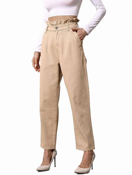 

paper bag waist plicated detail mom fit jeans 26gn#, Blue