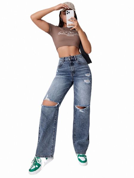

cut out ripped straight leg jeans 49mc#, Blue