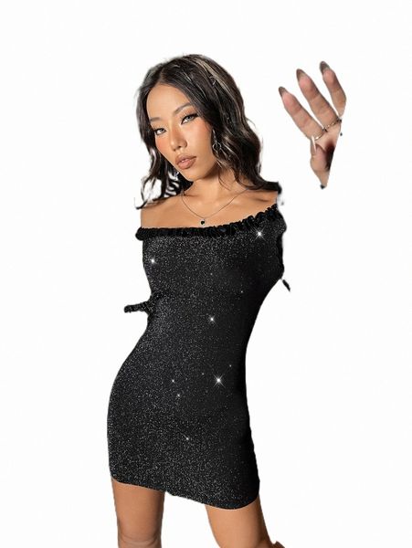 

off shoulder frill trim flounce sleeve glitter bodycon dress o306#, Black;gray