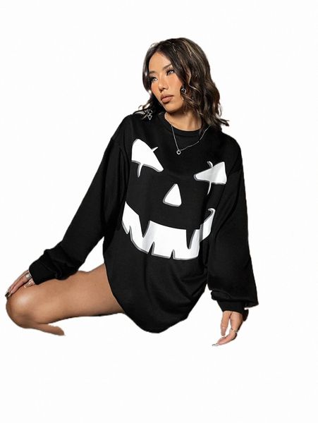 

halloween print drop shoulder sweatshirt x2hu#, Black