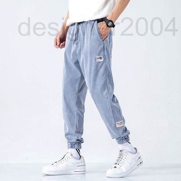 

men's jeans designer super soft tencel casual pants men's summer thin loose legged ice lacel nine point jeans hkdr, Blue