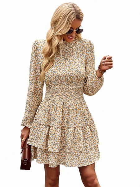 

ditsy floral shirred waist layered hem dress y1zi#, Black;gray