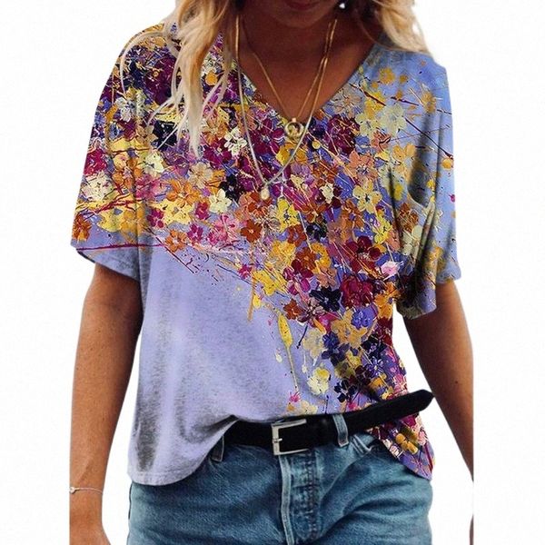 

women's t-shirt floral printed oversized female summer 2021 v-neck casual t-shirts with short sleeve tshirt tee shirt t9pj#, White