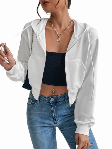 

zip up drop shoulder drawstring crop hoodie g0n1#, Black