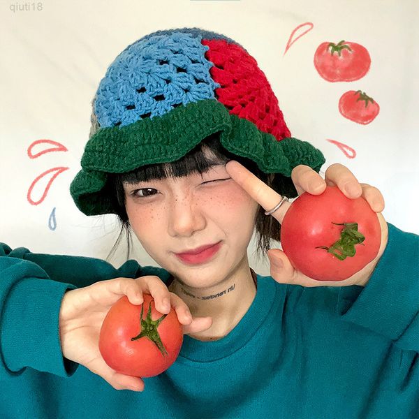

women's knitted bucket hat autumn handmade crochet fisherman hats spring ladies panama bob caps outdoor color matching basin hat y22081, Blue;gray