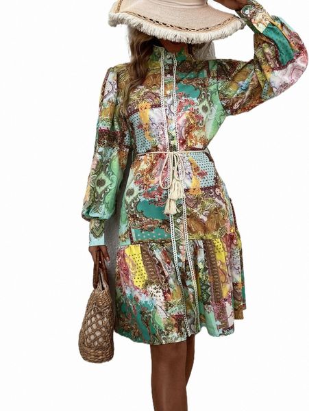

paisley patchwork print lantern sleeve belted shirt dress 84po#, Black;gray