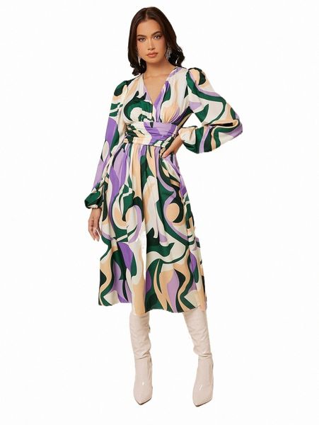 

allover print lantern sleeve dress m3ss#, Black;gray