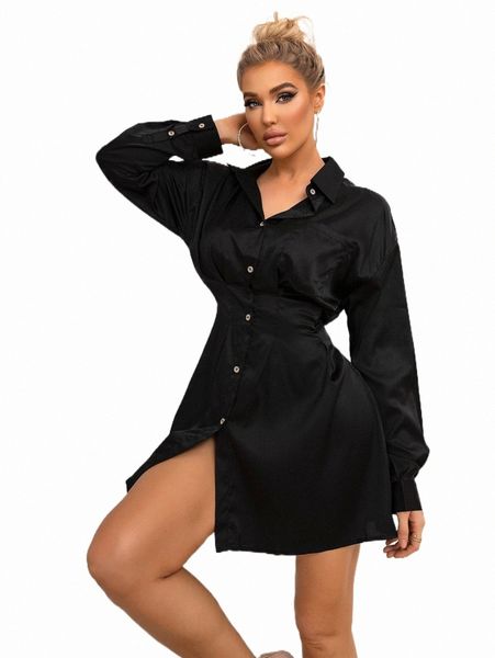 

joyfunear drop shoulder button front shirt dress p7eu#, Black;gray
