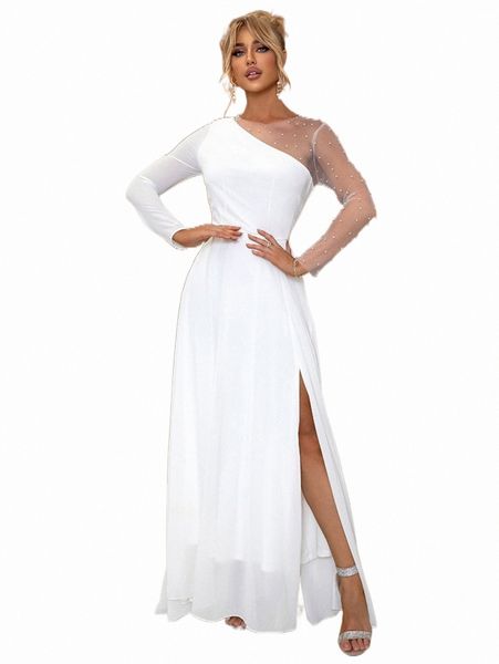 

joyfunear contrast mesh pearl beaded split thigh dress t3aa#, Black;gray