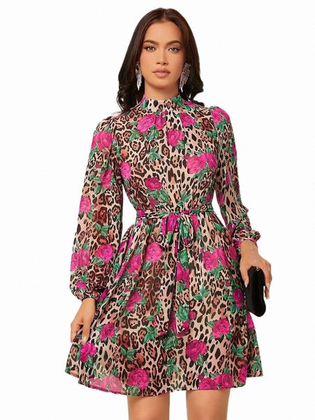 

floral & leopard print lantern sleeve belted dress 594m#, Black;gray