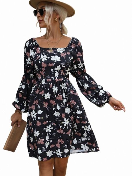 

allover floral print square neck lantern sleeve dress m4uy#, Black;gray