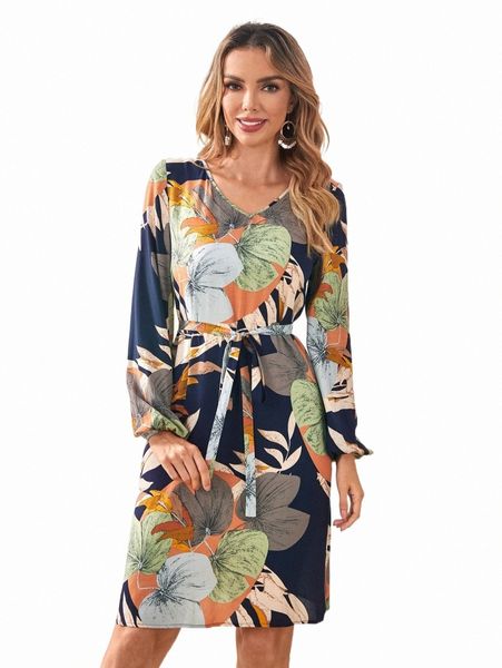 

emery rose v-neck tropical print belted dress t1ki#, Black;gray