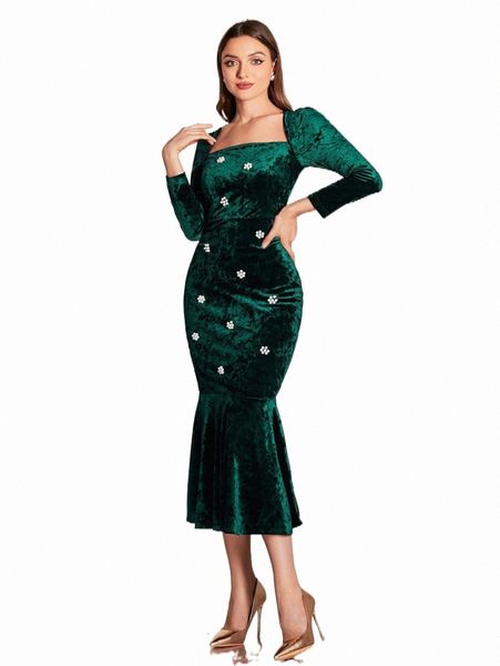 

floral appliques square neck mermaid hem velvet dress h3ow#, Black;gray