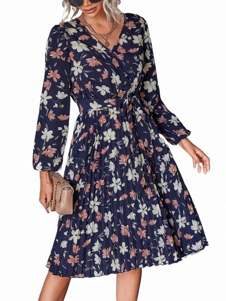 

allover floral print lantern sleeve pleated hem belted dress y3e2#, Black;gray
