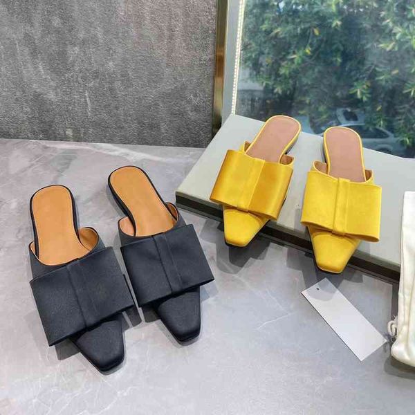 

women's silk slippers summer slippers elegant with bow square head trend, Black