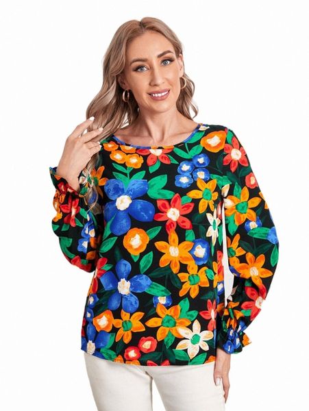 

emery rose floral print flounce sleeve blouse s6xn#, White