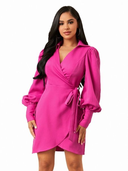 

sxy bishop sleeve tie side wrap dress 0092#, Black;gray