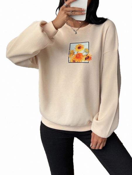 

floral print drop shoulder sweatshirt r9bp#, Black
