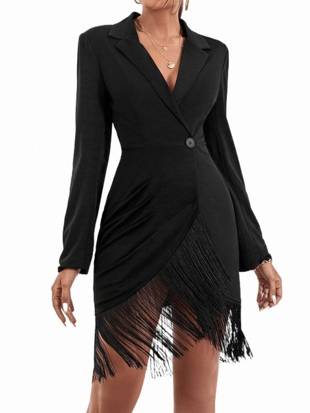

fold pleated fringe hem wrap blazer dress a26i#, White