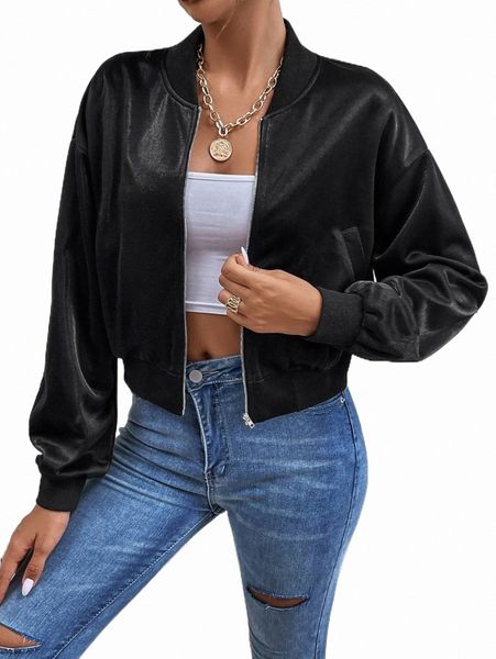 

drop shoulder zipper bomber jacket b3bb#, Black;brown