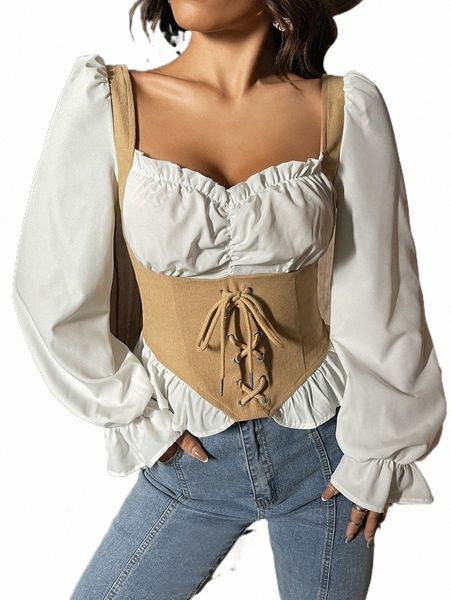 

sweetheart neck lace up front flounce sleeve blouse 76vk#, White