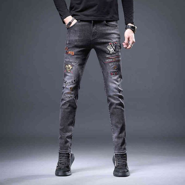 

men's jeans embroidered jeans pants spring and autumn fashion elastic slim fitting four seasons ndvg, Blue