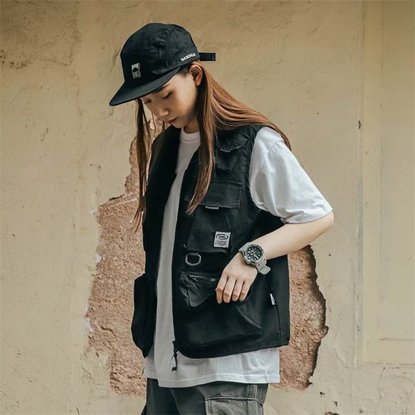 

japanese handsome vest tooling men's jacket multi-pocket korean fashion 220818, Black;white