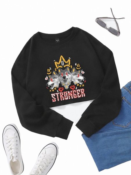 

x gppdsgn drop shoulder wolf & letter graphic crop sweatshirt 01mi#, Black