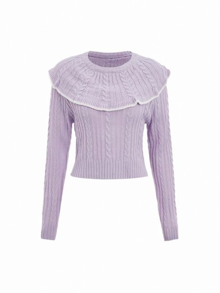 

mod cable knit ruffle trim sweater q09r#, White;black