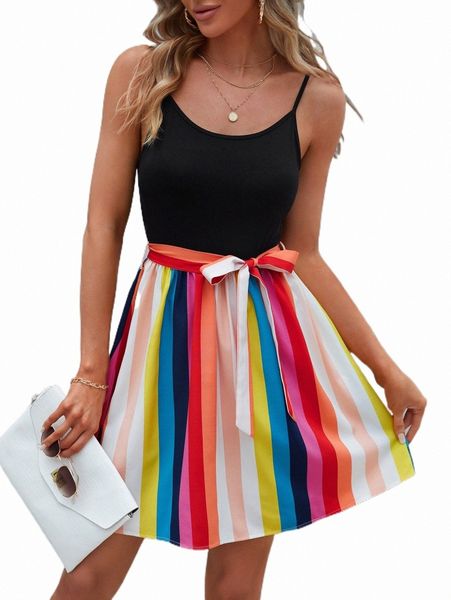 

rainbow stripe belted cami dress r0az#, Black;gray
