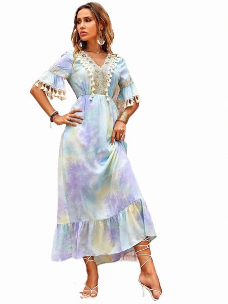 

tie dye flounce sleeve ruffle hem dress w8eu#, Black;gray