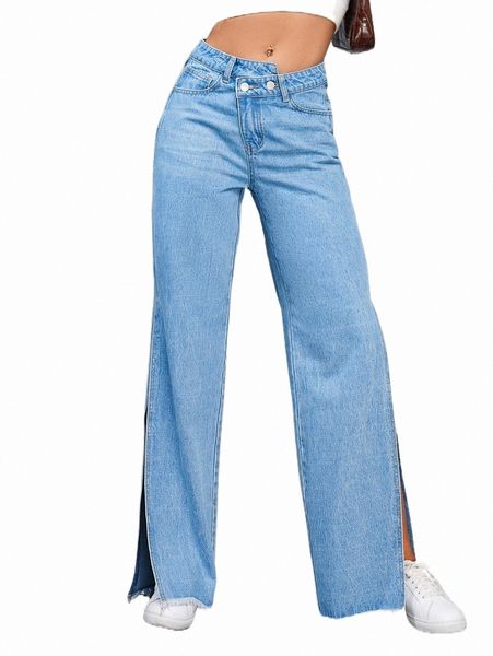 

asymmetrical waist raw trim split hem straight leg jeans w8nk#, Blue